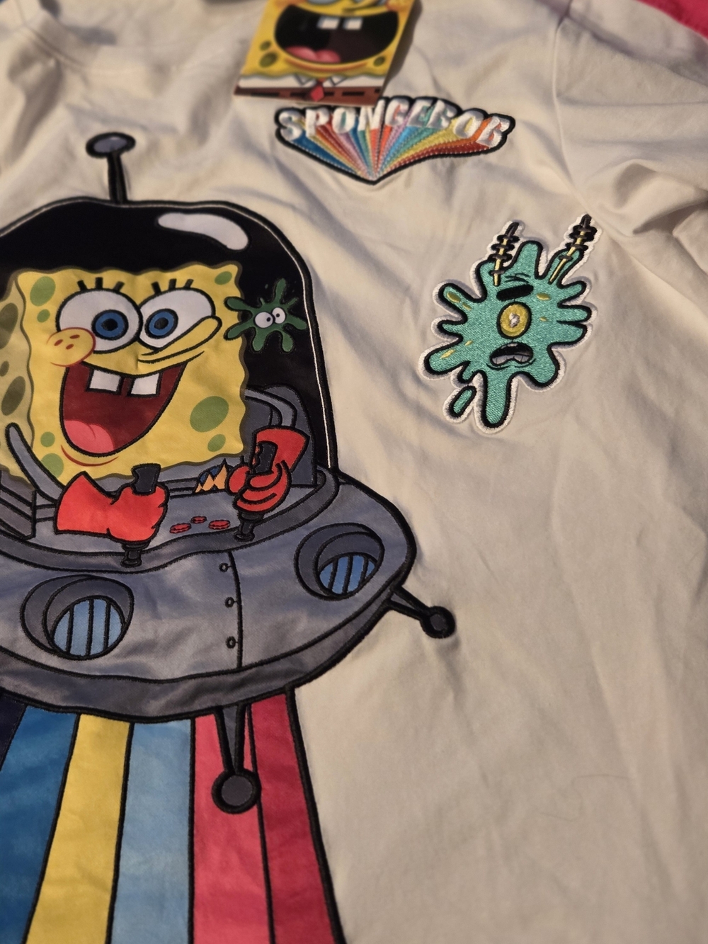 SpongeBob Squarepants White Short Sleeve Tee with Colorful Spaceship & Patch Art